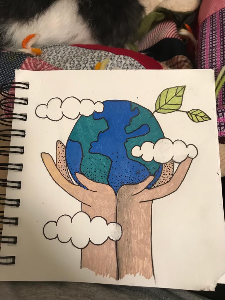 A picture of the earth, with clouds, being held up by a pair of hands