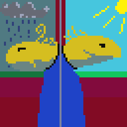A picture of a yellow lizard in two scenes, back to back against a window, the right scene is sunny and the lizard looks a little cheery, the left scene has rain and clouds in the background, and the lizard looks glum