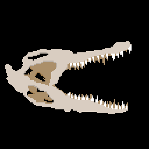 A pixel-art picture of an alligator skull