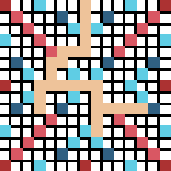 An abstract grid of white, blue and brown grid squares, representative of a Scrabble Board