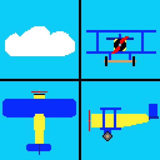 A pixel art rendering of a blue and yellow toy plane from 3 angles, front, top and side, with the final corner having a cloud