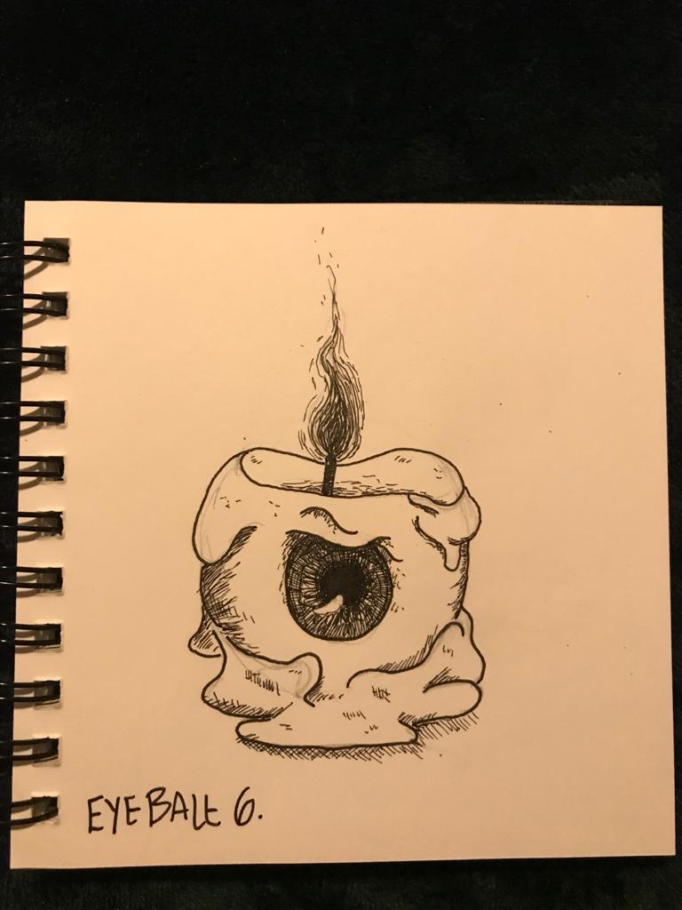 An ink picture of an eyeball that has a wick, and it melting, like a candle. It looks mad at it's predicament
