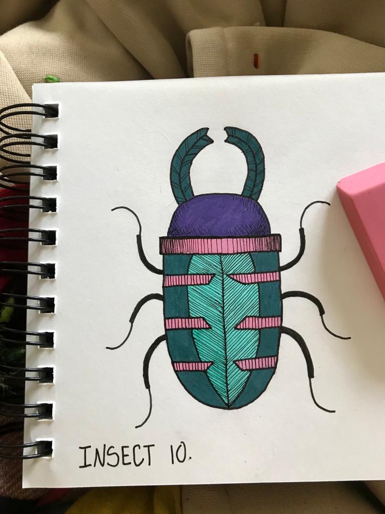 A drawing of a iridescent beetle with a blue shell