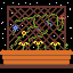 A pixel art image of 3 yellow flowers in a porch planter, with some flowers on a trellis behind the planter attached to some Ivy