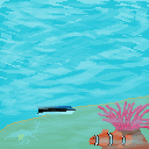 A pixel "painting" of a simple ocean scene, with an attempt at water caustics, a cleaner fish, a clear shrimp, an anemone, and a clown fish